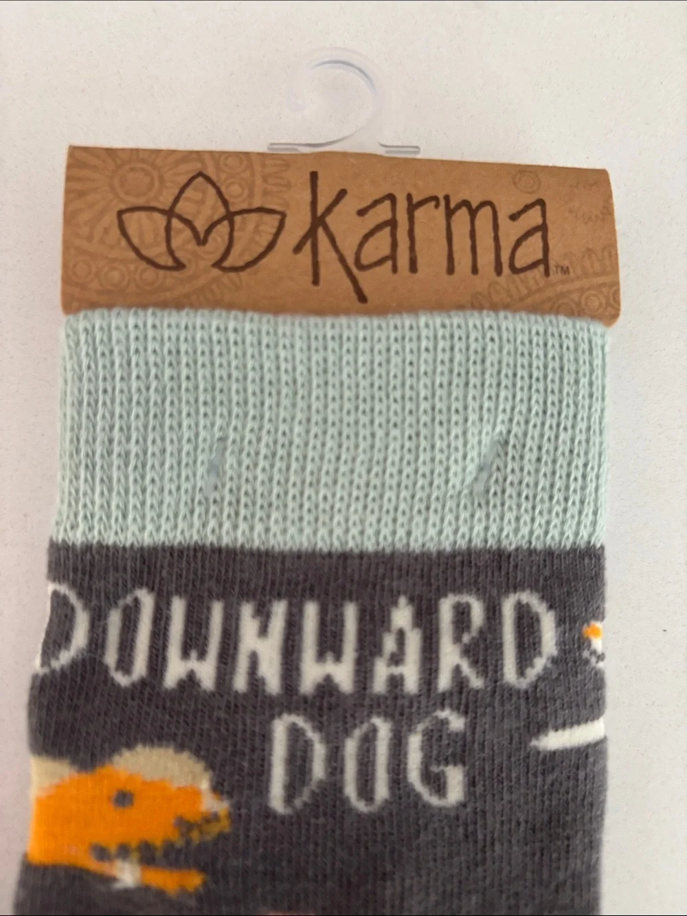 Karma Gray Crew Socks with Mint Cuff and Multicolor Dog Pattern